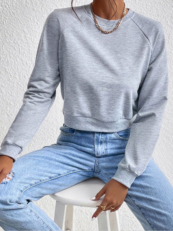 New women's long - sleeved round neck solid color sweater - Outerwear